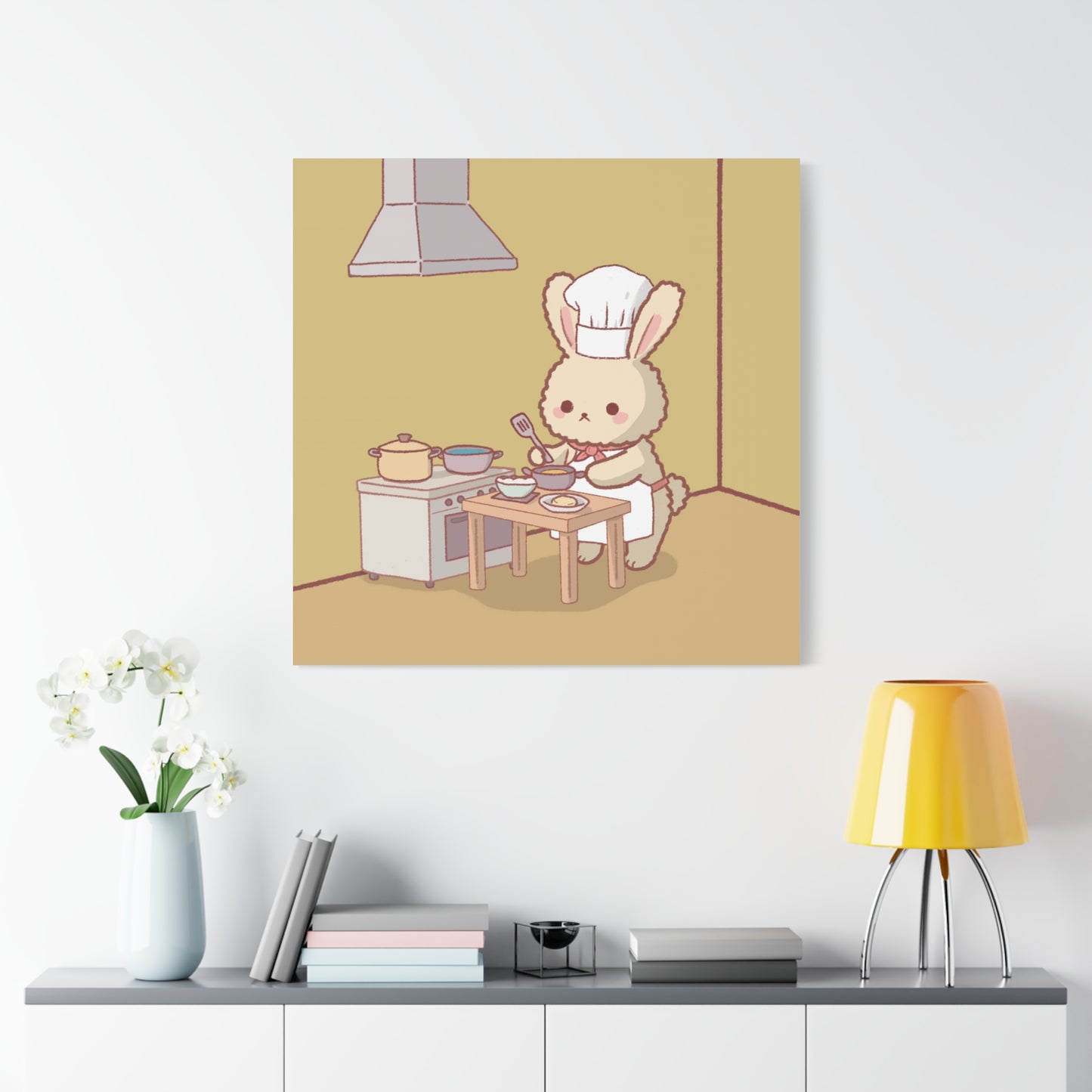 Cute Chef Bunny Canvas Art — Kawaii Rabbit Cooking Wall Decor (Matte Stretched)