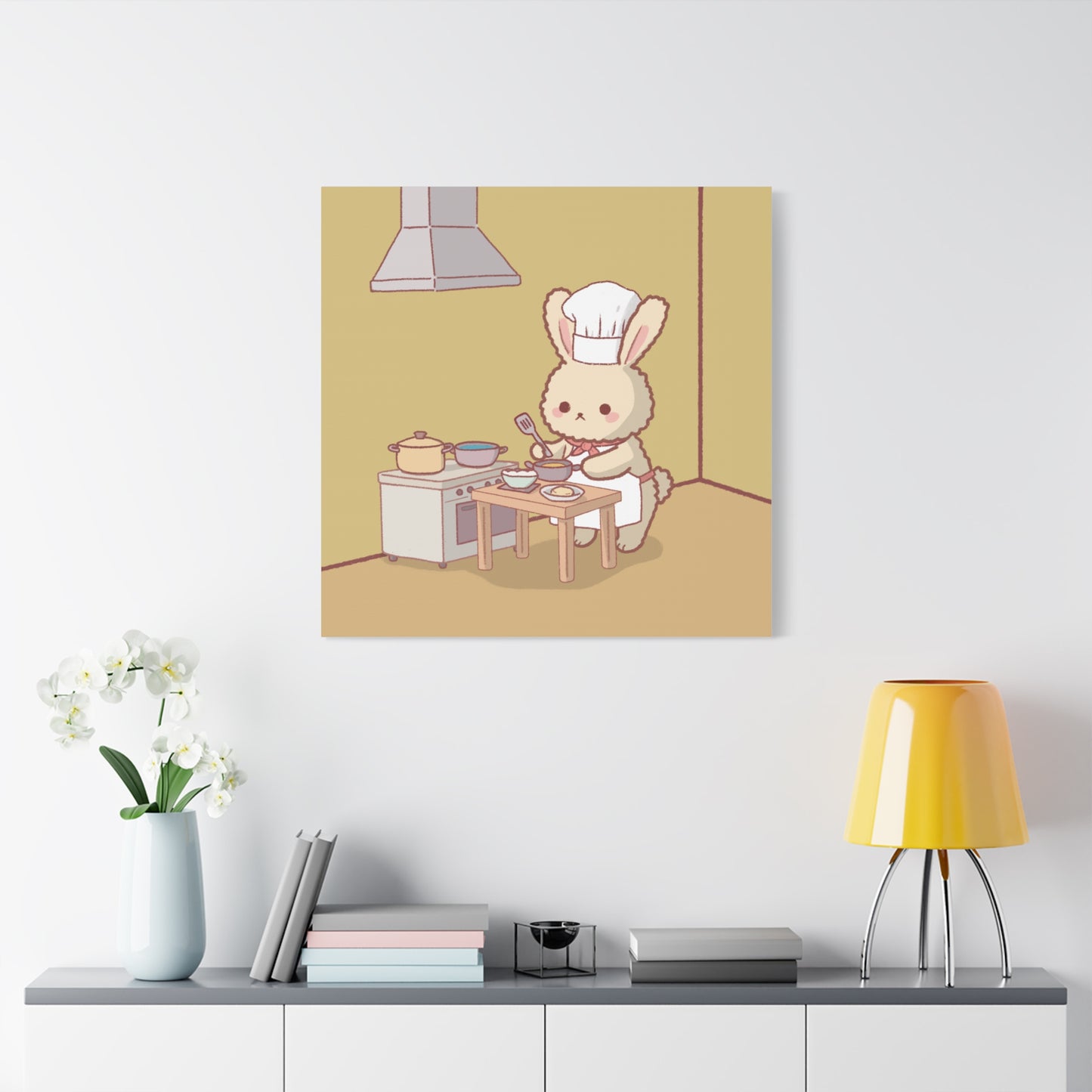 Cute Chef Bunny Canvas Art — Kawaii Rabbit Cooking Wall Decor (Matte Stretched)