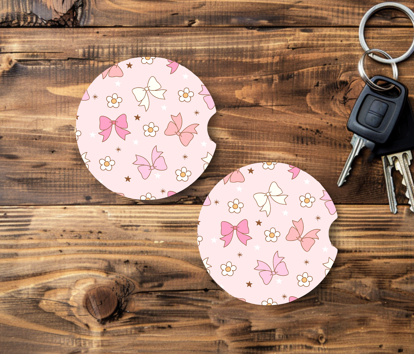Pink Bow & Floral Car Coasters